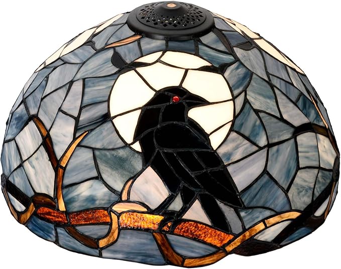 Bieye S10954 Raven Sitting on Bare Tree Tranch Against Full Moon Tiffany Style Stained Glass Lampshade (Dark Blue, 16Wx9H)