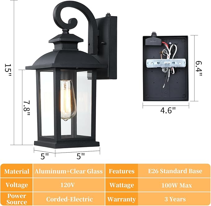 Dusk to Dawn Outdoor Wall Sconce Lights Exterior 2-Pack, 15" Waterproof Black Exterior Lighting Fixtures, Retro Porch Lights Outdoor Garage Lighting Wall Mount Coach Lights for House Garage