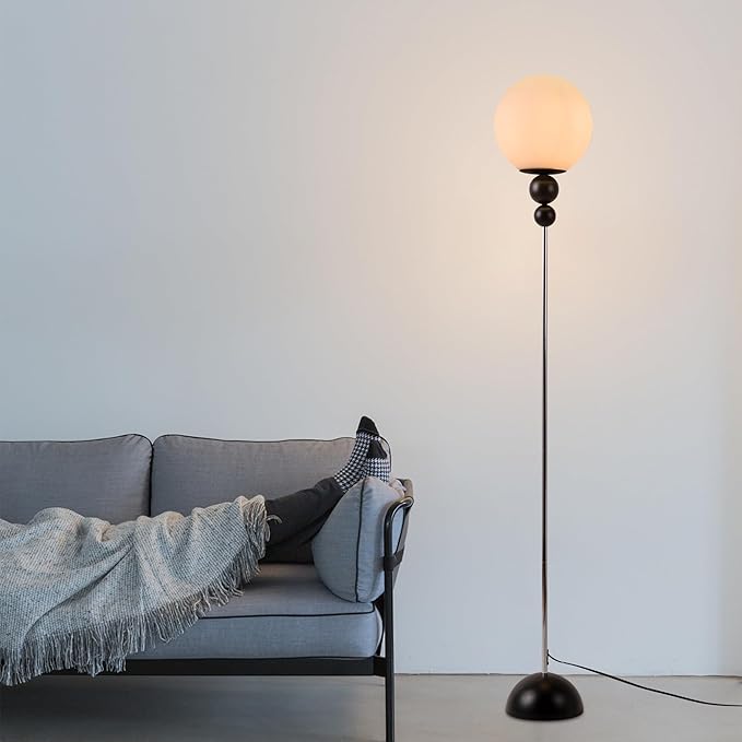 Modern Glass Floor Lamp for Bedroom, 63'' Vintage Mid-Century Floor Lamp with Milky White Frosted Glass Globe Shade for Living Room Corner, Slim Standing Reading Lamp for Office Decor (Black)