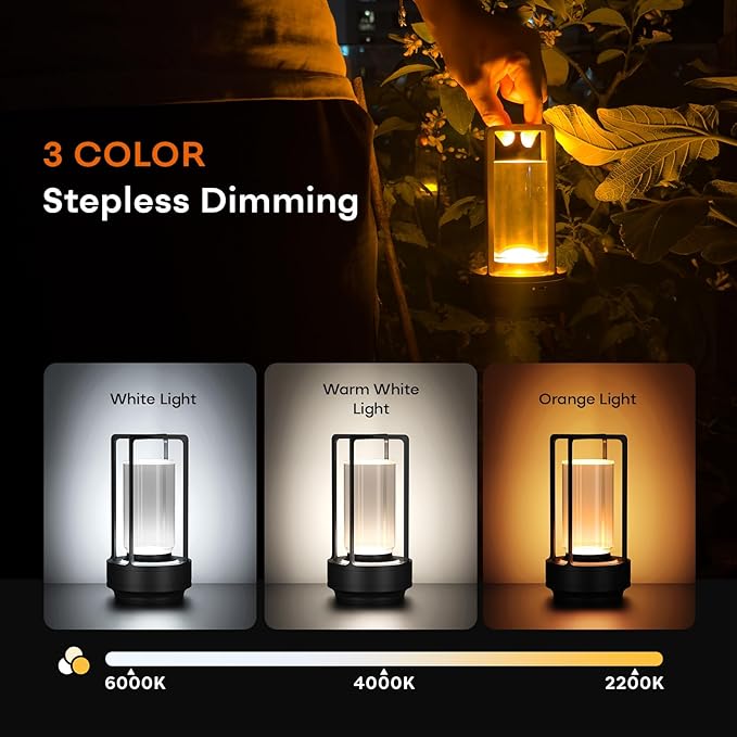Cordless Portable LED Table Lamp, Rechargeable Battery Operated Desk Lamp with Touch Sensor, 3-Way Dimmable Suitable for Bars/Cafes/Restaurants/Bedrooms/Camping (Black)