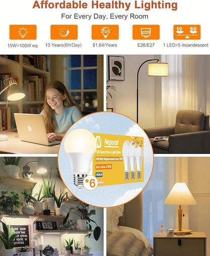 Neporal Full Spectrum Light Bulb 15W LED=100W, 2700K Flicker-Free Warm Light Bulbs, UV-Free & High CRI & Eye-Caring Sunlight Light Bulbs for Human, Home, Office, Plant, E26/E27, 30000H Lifespan, 6PK