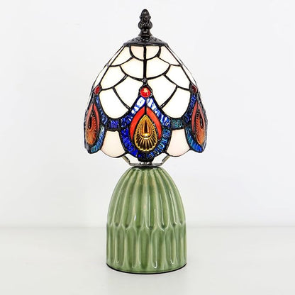 Tiffany Lamp Stained Glass Mushroom Table Lamps 6X6X12.5 Inch Pink Peacock Tail Style Small Night Light Ceramic Base Mini Accent Desk Light Suitable for Bedside Table Bedroom Children Room
