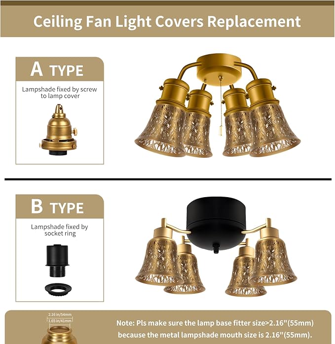 Pendant Light Shades, 4 Pack Ceiling Fan Light Shade Replacements with 1-5/8" Fitter, ALUCSET 4.72" Height 4-3/4" Diameter, Metal Bell Shaped Cover for Chandelier Wall Sconces,Yellow Brass&Gold Plated