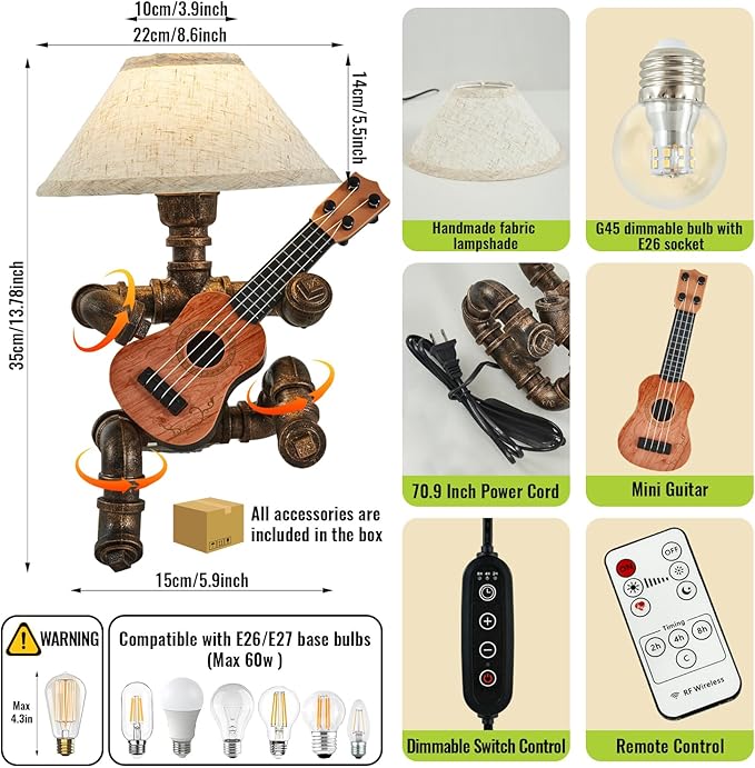 Vintage Industrial Robot Guitar Table Lamp with Bulb - Remote Control,Timer,Dimmable - Cool Gifts for Music Lovers,Men,& Musicians - Steampunk & Retro Style Bronze
