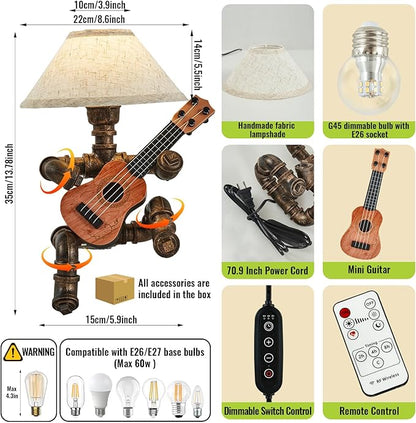 Vintage Industrial Robot Guitar Table Lamp with Bulb - Remote Control,Timer,Dimmable - Cool Gifts for Music Lovers,Men,& Musicians - Steampunk & Retro Style Bronze