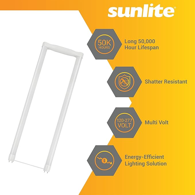 Sunlite 41246 LED T8 U-Bend Tube, Single End Bypass, 18 Watts, 50,000 Hour Lifespan, 2200 Lumens, Shatter Resistant, Double Medium Bi-Pin Base (2G13), 120-277V, UL & DLC Listed, 4000K, 6 Pack