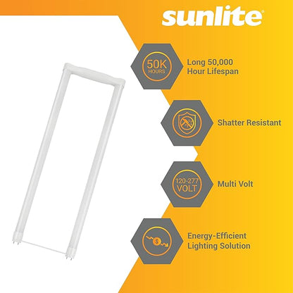 Sunlite 41246 LED T8 U-Bend Tube, Single End Bypass, 18 Watts, 50,000 Hour Lifespan, 2200 Lumens, Shatter Resistant, Double Medium Bi-Pin Base (2G13), 120-277V, UL & DLC Listed, 4000K, 6 Pack