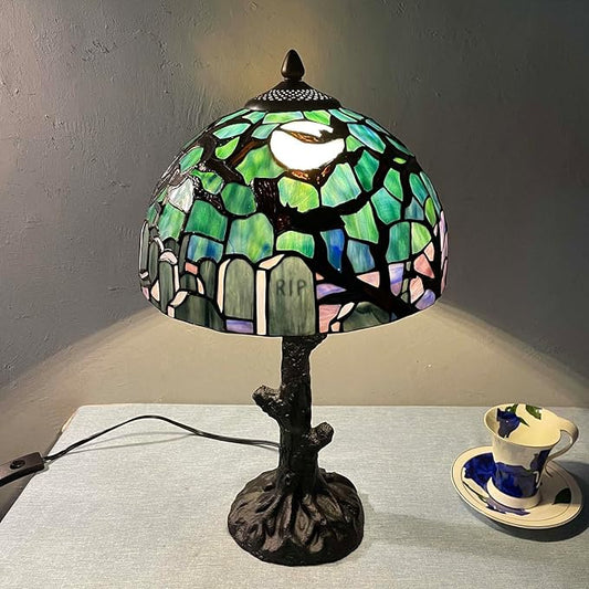 Bieye L10971 Tiffany-Style Stained Glass Table Lamp - Gothic Graveyard Scene with Bats, Full Moon, and Tombstone Design (Dark Green, 12Wx21H inch)
