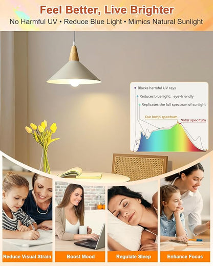 Neporal Full Spectrum Light Bulb 15W LED=100W, 2700K Flicker-Free Warm Light Bulbs, UV-Free & High CRI & Eye-Caring Sunlight Light Bulbs for Human, Home, Office, Plant, E26/E27, 30000H Lifespan, 6PK