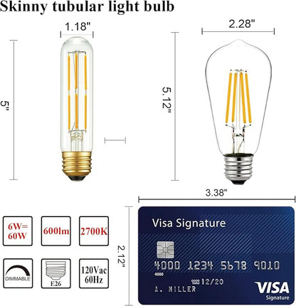 Arberlic 5 Inch T10 LED Bulb,6W Tubular Light Bulb Equivalent E26 led Bulb 60 watt dimmable,Warm White 2700K,600lm,CRI85+,AC120V,Edison Style,Clear Glass,Flicker Free,Pack of 6