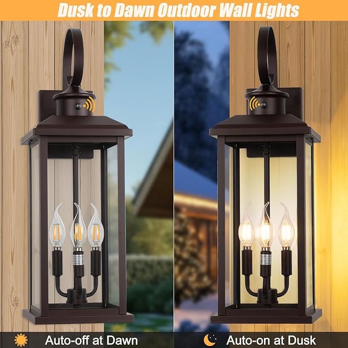 24" Dusk to Dawn Outdoor Wall Sconce: Bronze Large Porch Light 3-Light Waterproof Modern Exterior Lighting Fixture Wall Mounted, Outside Lamp for House Garage E12