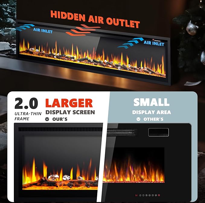 EUHOMY 73 Inch Electric Fireplace Recessed Wall Mounted Freestanding with Remote Control, Ultra-thin Fireplace Heater with Adjustable Flame Color, Linear Fireplace with Timer, Log & Crystal, 750/1500W