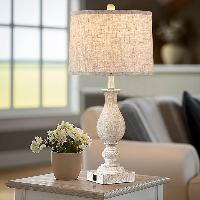 Farmhouse Table Lamp Set of 2 for Bedroom Living Room with USB A+C, 28" Tall Vintage Rustic Traditional Nightstand Bedside Lamps Retro Side Table Lamps, Rotary Switch, Washed White, Bulb not included