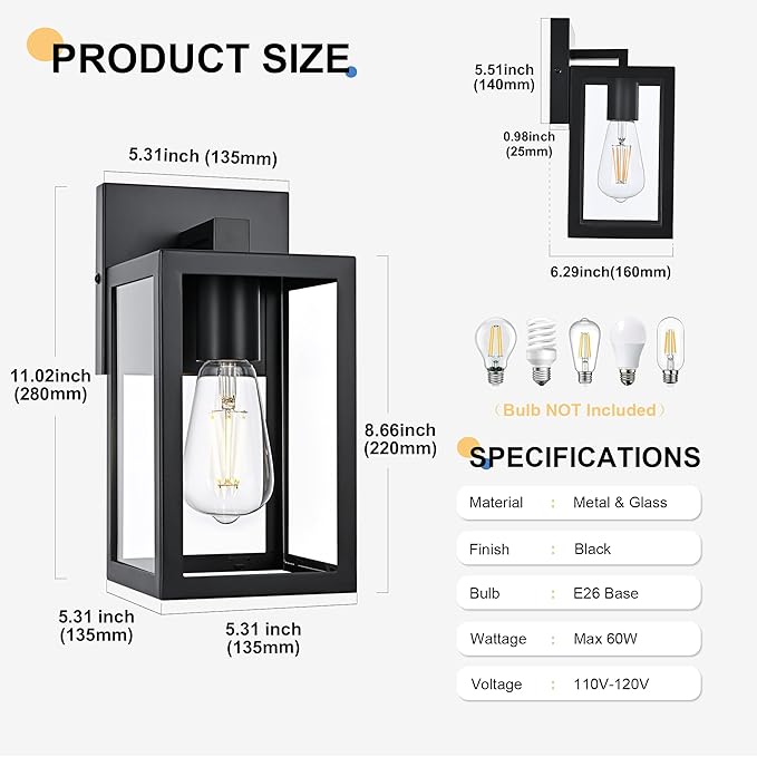 TODOLUZ 2-Pack Outdoor Wall Sconce, 1-Light Black Waterproof Porch Wall Light Fixture for Front Door Patio Garage Doorway, E26 Bulb Base