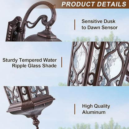 21" H Oil-Rubbed Bronze Outdoor Wall Light Large Size Dusk to Dawn Exterior Wall Lantern Fixture, Dark Brown Rustic Porch Lamp with Water Glass Waterproof Outside Wall Sconce for House Garage