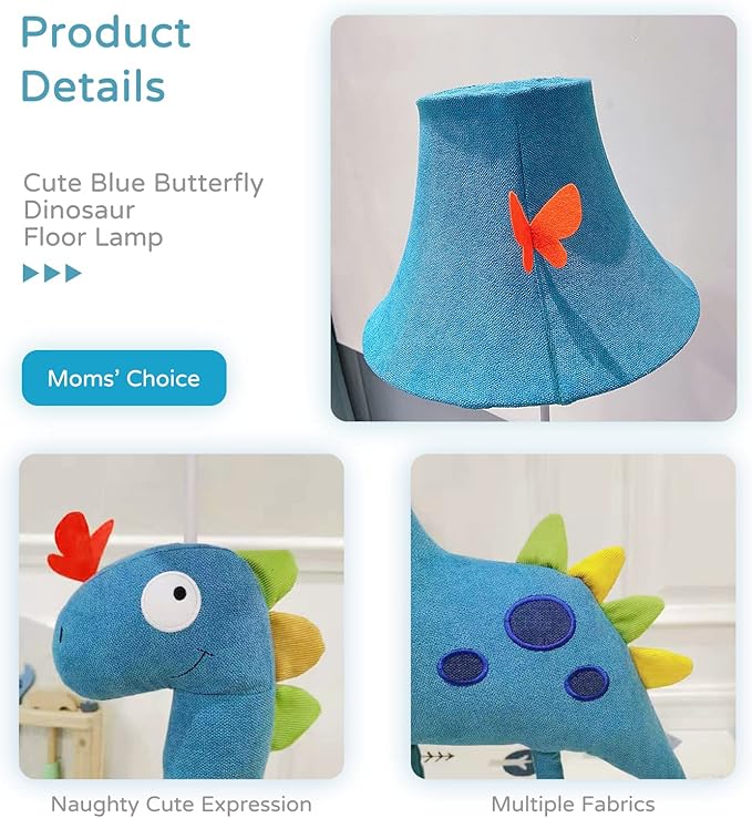 Kids Floor Lamp, Blue Dinosaur Design 50 Inch Modern Floor Lamp for Bedroom, Hand-Stitched Toy Standing Lamp for Living Room, Package Come with an E26 LED Bulb