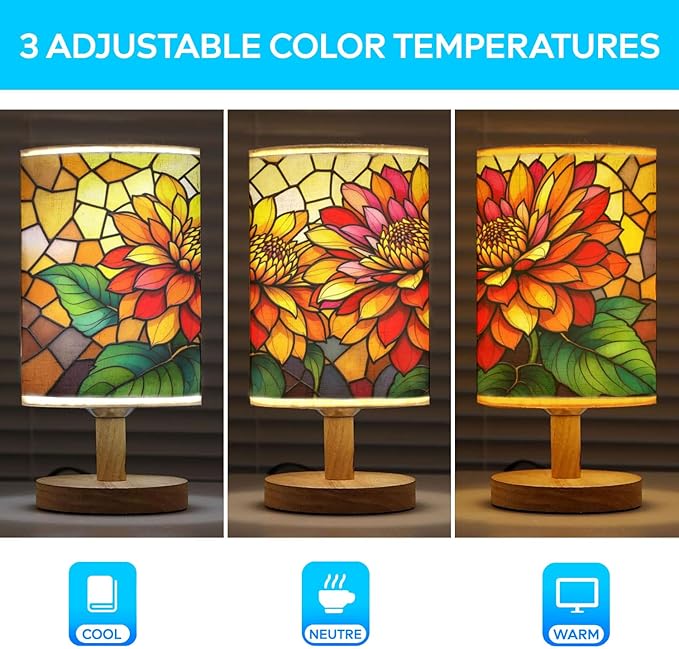 Zinnia Table Lamp LED 3-Color Pressed Bedside, Zinnia Shade Lamp with Wood Base for Bedroom Living Room Desk Office TL01