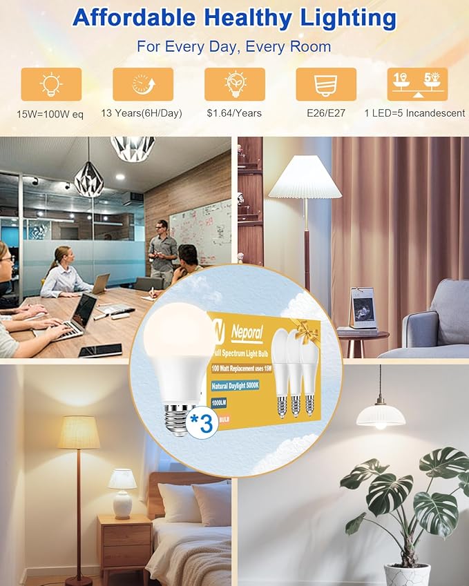 Neporal Full Spectrum Light Bulb 15W LED=100W, 5000K Flicker-Free Daylight, UV-Free & High CRI & Eye-Caring Natural Sunlight Light Bulbs for Humans, Home, Office, Plant – E26/E27, 30000H Lifespan,3PK