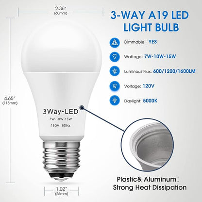 Briignite LED Light Bulbs, 3 Way LED Light Bulbs 50 100 150W Equivalent, Three Way A19 Light Bulbs E26 Medium Base, Daylight White 5000K, 500lm-1000lm-1500lm, 4Pack