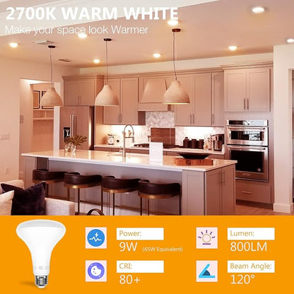 DAYBETTER BR30 LED Light Bulb 65W Equivalent, Dimmable BR30 LED Recessed Light Bulb, 2700K Warm White, 800 Lumens, E26 Standard Base, 80 CRI, Flood Light Bulbs for Bathroom Bedroom Kitchen, 6 Pack