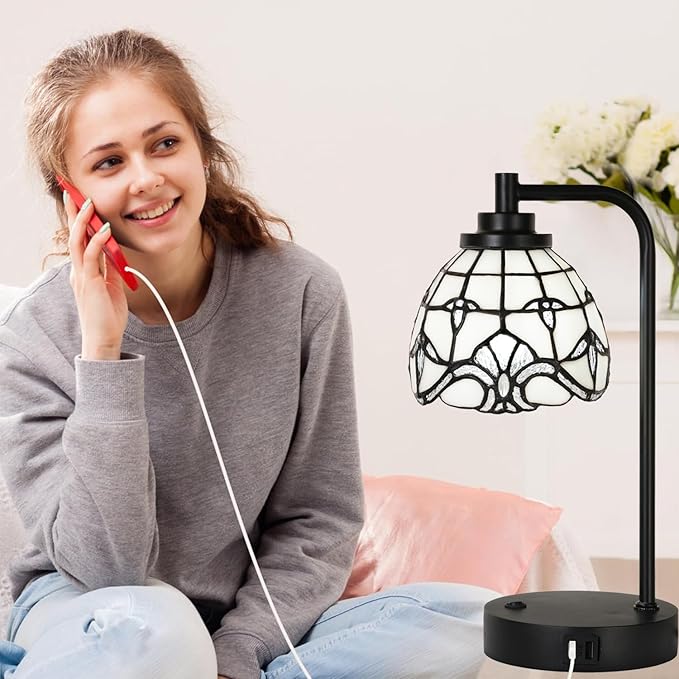 TL0020 Tiffany Table Lamp with 2 USB Charging Ports, Desk Lamp with White Baroque Stained Glass Lamp Shade, Retro Nightstand H 14.5" for Bedrooms Office Study, LED Bulbs Included (White)