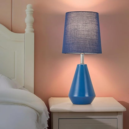Small Bedside Table Lamp for Bedroom-Reading Desk Lamp Set of 2,with 3 Color Temperatures,15.5" Nightstand Ceramic Lamp with Fabric Shade for Kids Room,Living Room,Dorm,Home Office(Blue)