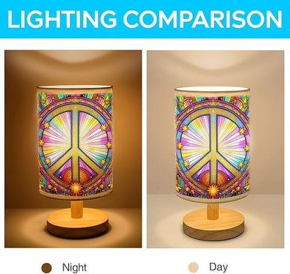 Hippie Table Lamp LED 3-Color Pressed Bedside, Hippie Shade Lamp with Wood Base for Bedroom Living Room Desk Office TL01
