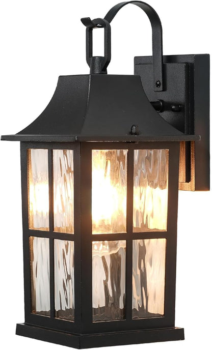 Outdoor Light Fixture, IP44 Waterproof Rustproof Porch Light，Aluminum & Water Pattern Glass Exterior Sconce，13-inch Black Outdoor Sconce Lights for Front Door, Garage, Patio (ETL-Certified)