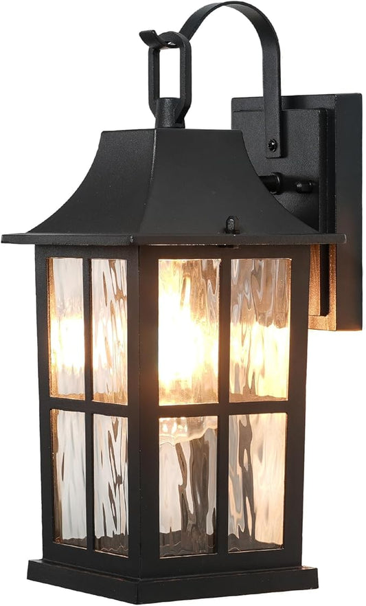 Outdoor Light Fixture, IP44 Waterproof Rustproof Porch Light，Aluminum & Water Pattern Glass Exterior Sconce，13-inch Black Outdoor Sconce Lights for Front Door, Garage, Patio (ETL-Certified)