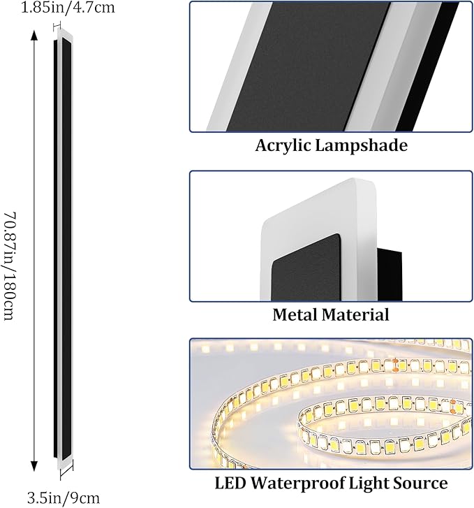2 Pack 71In Long Outdoor Wall Lights IP65 Waterproof,50W Black Modern LED Exterior Wall Light 3000K Linear Outdoor Light for House Porch Courtyard