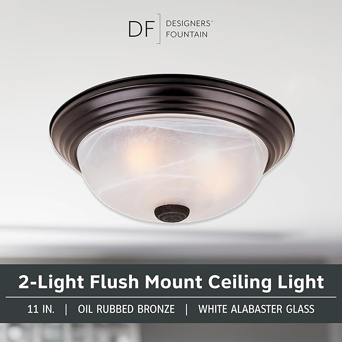 DESIGNERS FOUNTAIN Reedley 2-Lights Flush Mount Ceiling Light, 11 Inch Lighting Fixture for Kitchen, Bedroom, Bathroom, and Hallway, White Alabaster Glass, Oil Rubbed Bronze, 1257S-ORB-AL