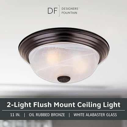 DESIGNERS FOUNTAIN Reedley 2-Lights Flush Mount Ceiling Light, 11 Inch Lighting Fixture for Kitchen, Bedroom, Bathroom, and Hallway, White Alabaster Glass, Oil Rubbed Bronze, 1257S-ORB-AL