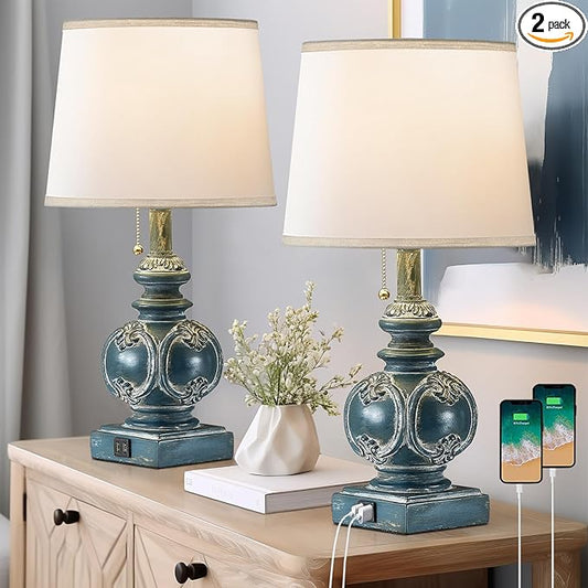 20.75" Farmhouse Table Lamps for Bedroom Set of 2, Rustic Bedside Lamps with 2 USB Port, Retro side table lamp Antique Nightstand Lamp for Living Room End Table Office Country, Traditional Washed Blue