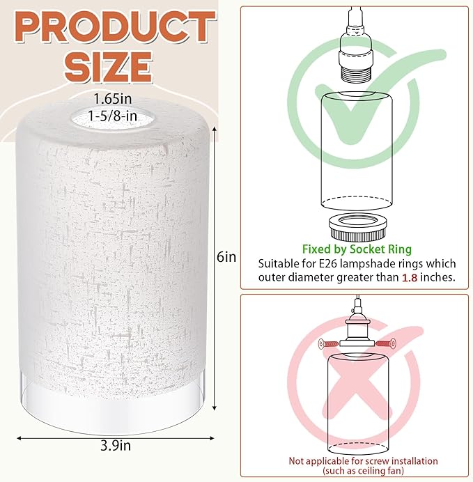 3 Pcs White Linen Frosted Glass Shade Replacements for Pendant Light Fixtures Glass Lamp Shade Cover, 1-5/8 Inch Fitter E26 Base, 4"w x 6"h, Replacement Lamp Globe for Chandelier Wall Sconce
