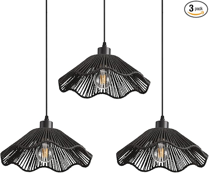 3 Pack Black Woven Pendant Light Fixtures,11.81" Rattan Pendant Lights Farmhouse Basket Light Fixture Adjustable Boho Hanging Lamp for Kitchen Island Bedroom Dining Room Foyer Hallway