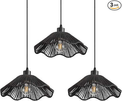 3 Pack Black Woven Pendant Light Fixtures,11.81" Rattan Pendant Lights Farmhouse Basket Light Fixture Adjustable Boho Hanging Lamp for Kitchen Island Bedroom Dining Room Foyer Hallway