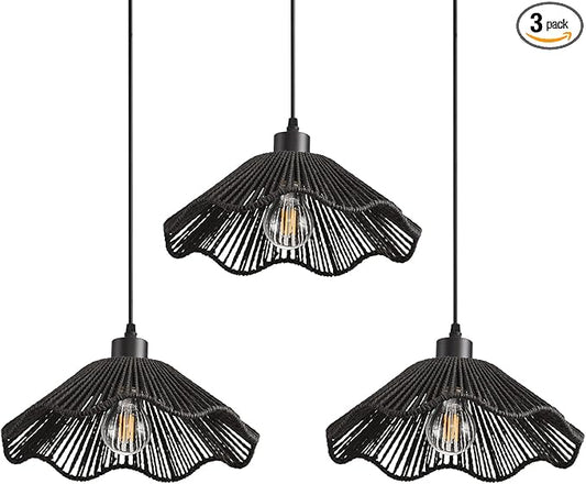 3 Pack Black Woven Pendant Light Fixtures,11.81" Rattan Pendant Lights Farmhouse Basket Light Fixture Adjustable Boho Hanging Lamp for Kitchen Island Bedroom Dining Room Foyer Hallway