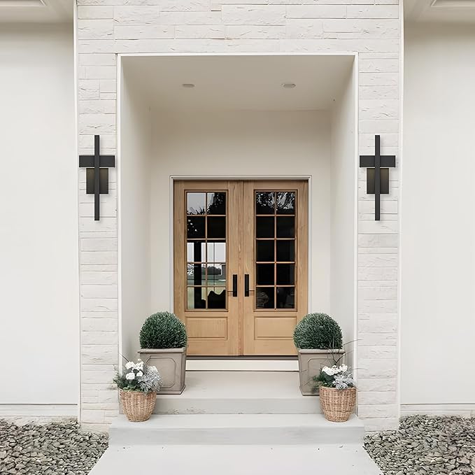 LamQee 2 Packs Modern Outdoor Wall Lights 3000K Integrated LED Outdoor Wall Sconces Lighting, Contemporary Exterior Lighting Fixtures Outside Wall Mount Lights for House Porch Door Garage, Matte Black