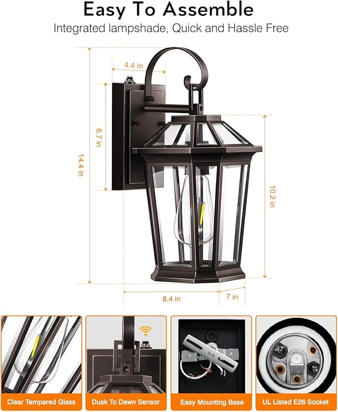 VIANIS 2-Pack Oil Rubbed Bronze Outdoor Lights Wall Mount, Dusk to Dawn Wall Lights for House Outside, Aluminium Modern Porch Lights Sconce, Exterior Wall Lantern Fixture with Waterproof, Anti-Rust