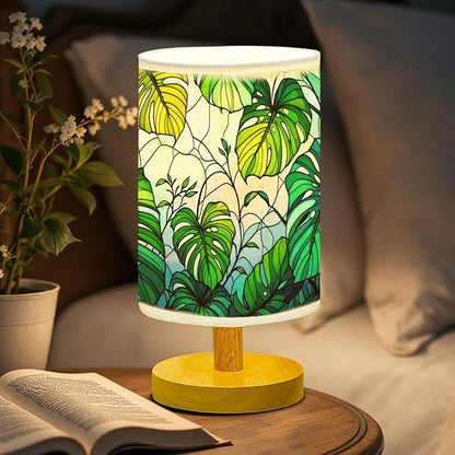 Monstera Table Lamp LED 3-Color Pressed Bedside, Monstera Shade Lamp with Wood Base for Bedroom Living Room Desk Office