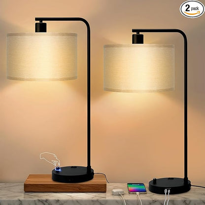 Tall Table Lamp for Bedroom Set of 2 with USB Port and Outlet, Dimmable Nightstand Bedside Lamps with Linen Lampshade, Desk Lamp for Bedroom, Living Room, Guest Room, Home Office, LED Bulb Included
