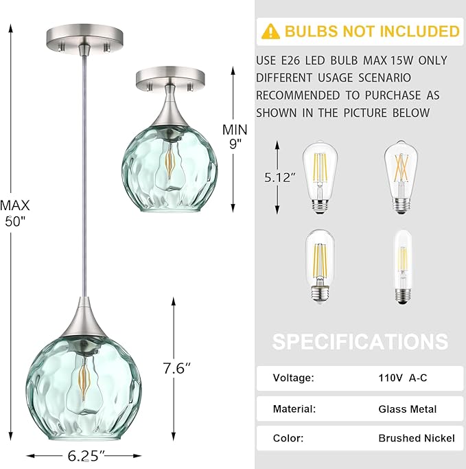 6.3" Hammer Green Glass Pendant Light 3 Pack Pendant Ceiling Light Fixtures Brushed Nickel Finish Modern Farmhouse Dinning Over Sink Adjustable Height Cord