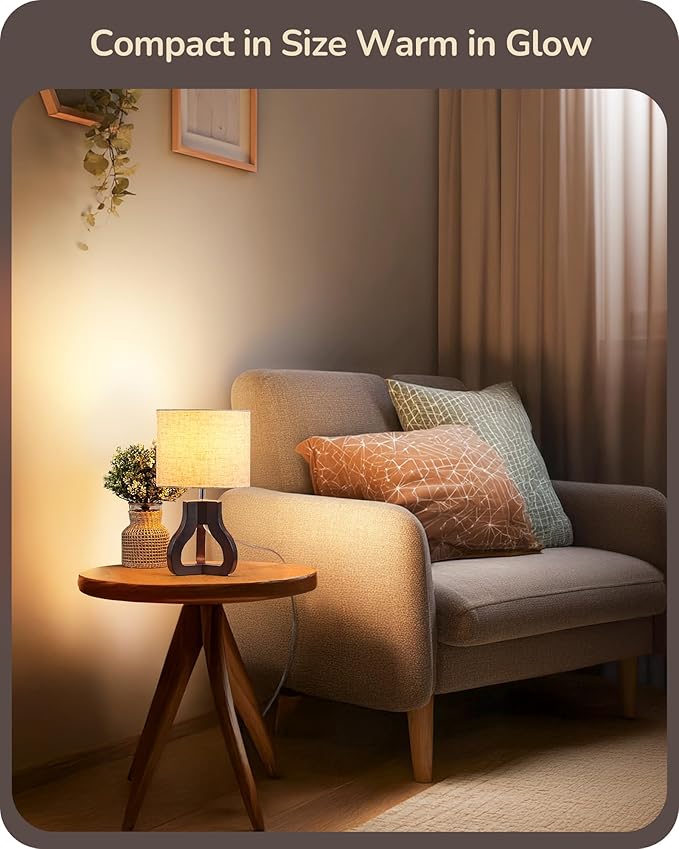 EDISHINE 14.6" Small Table Lamp, Walnut Wood Tripod Nightstand Lamp for Bedroom, Beige Linen Shade, Cute Bedside Lamp for Living Room, Bedroom, On-Off Line Switch, E26 Base(Bulb Not Included)