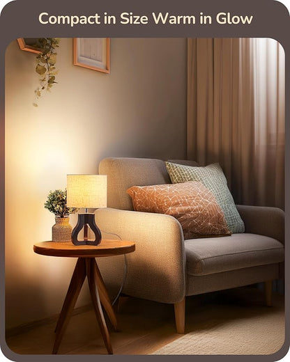 EDISHINE 14.6" Small Table Lamp, Walnut Wood Tripod Nightstand Lamp for Bedroom, Beige Linen Shade, Cute Bedside Lamp for Living Room, Bedroom, On-Off Line Switch, E26 Base(Bulb Not Included)
