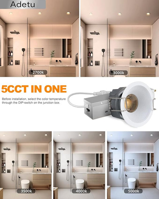 Adetu 2 Inch 5CCT White LED Recessed Ceiling Light with Junction Box, 2700K/3000K/4000K/5000K Selectable, CRI90, 8W COB, 780LM, Dimmable Canless IP65 Waterproof Downlight-ETL&FCC (White, 6 Pack)