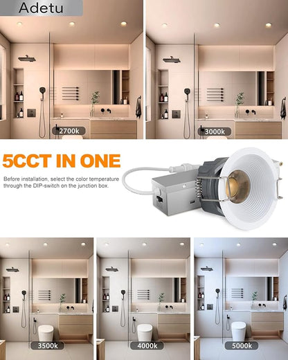 Adetu 2 Inch 5CCT White LED Recessed Ceiling Light with Junction Box, 2700K/3000K/4000K/5000K Selectable, CRI90, 8W COB, 780LM, Dimmable Canless IP65 Waferproof Downlight-ETL&FCC (White, 12 Pack)