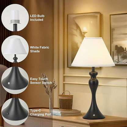 Rechargeable Cordless Table Lamps, Battery Operated Lamp with Fabric Shade for Decor, 3 Color Stepless Dimming LED Table Light, Nightstand Lamp for Nursery, Bedroom, Living Room, Home Office (Black)