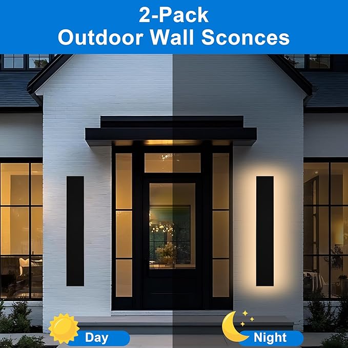 2 Pack 32in Modern LED Outdoor Wall Light, Dimmable 3000K-6000K 5CCT Strip Linear Exterior Wall Sconce Waterproof Ip65 Black 24W LED Long Outdoor Garage Lights Outside Lights for House