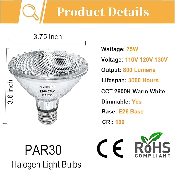 PAR30 Short Neck Halogen 75W - 2 Pack PAR30 Flood Light Bulbs E26 Base, PAR30 Dimmable 2800K Warm White, Long Lasting Halogen Bulb for Accent Lighting, Tracking, Recessed Light