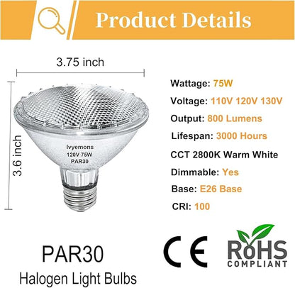 PAR30 Short Neck Halogen 75W - 2 Pack PAR30 Flood Light Bulbs E26 Base, PAR30 Dimmable 2800K Warm White, Long Lasting Halogen Bulb for Accent Lighting, Tracking, Recessed Light